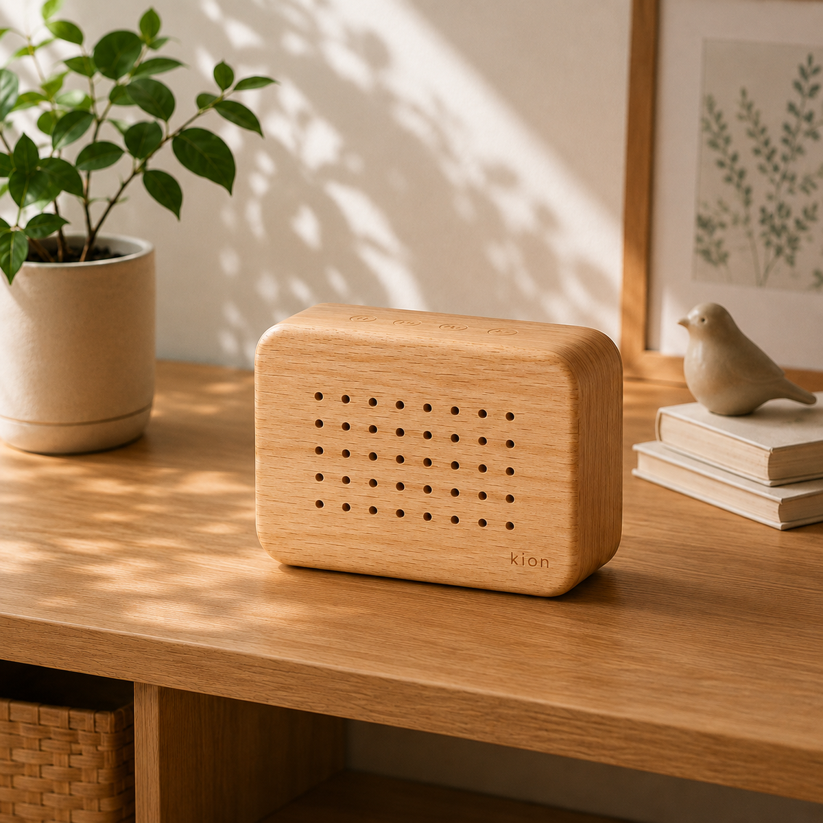 Kion Sound Box, difuzor din lemn de fag, așezat pe un birou lângă o plantă și o figurină de pasăre din ceramică
