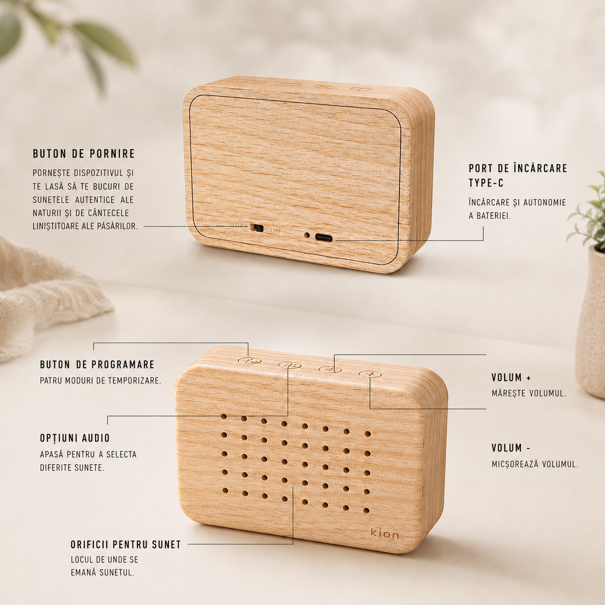 Diagramă cu butoanele Kion Sound Box: pornire, temporizare, volum și orificiile pentru sunet
