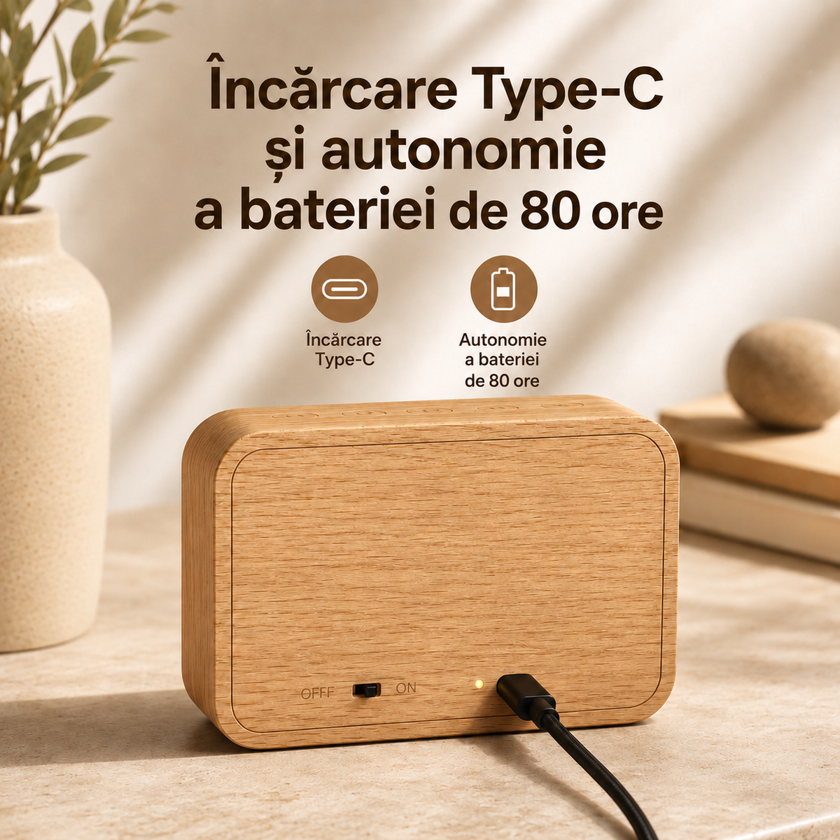 Portul de încărcare Type-C al Kion Sound Box, cu autonomie a bateriei de până la 80 de ore
