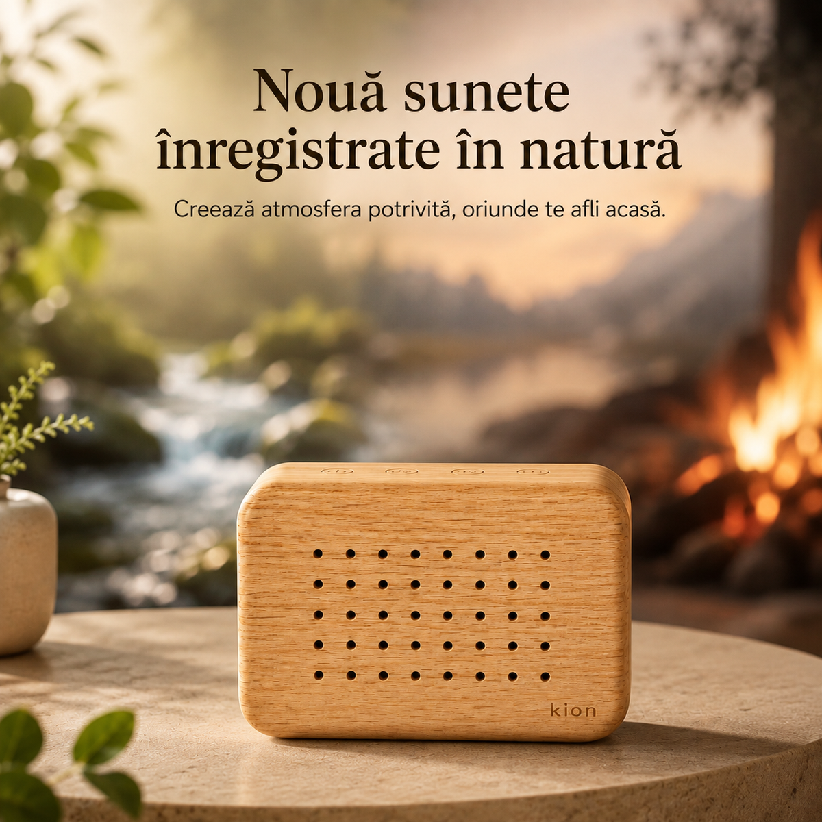 Kion Sound Box pe o masă de piatră, cu peisaj natural în fundal, evocând cele nouă sunete din natură