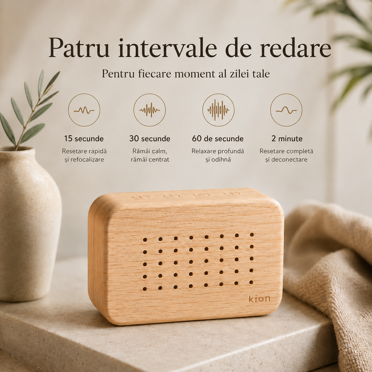 Kion Sound Box cu cele patru intervale de redare: 15 secunde, 30 de secunde, 60 de secunde și 2 minute