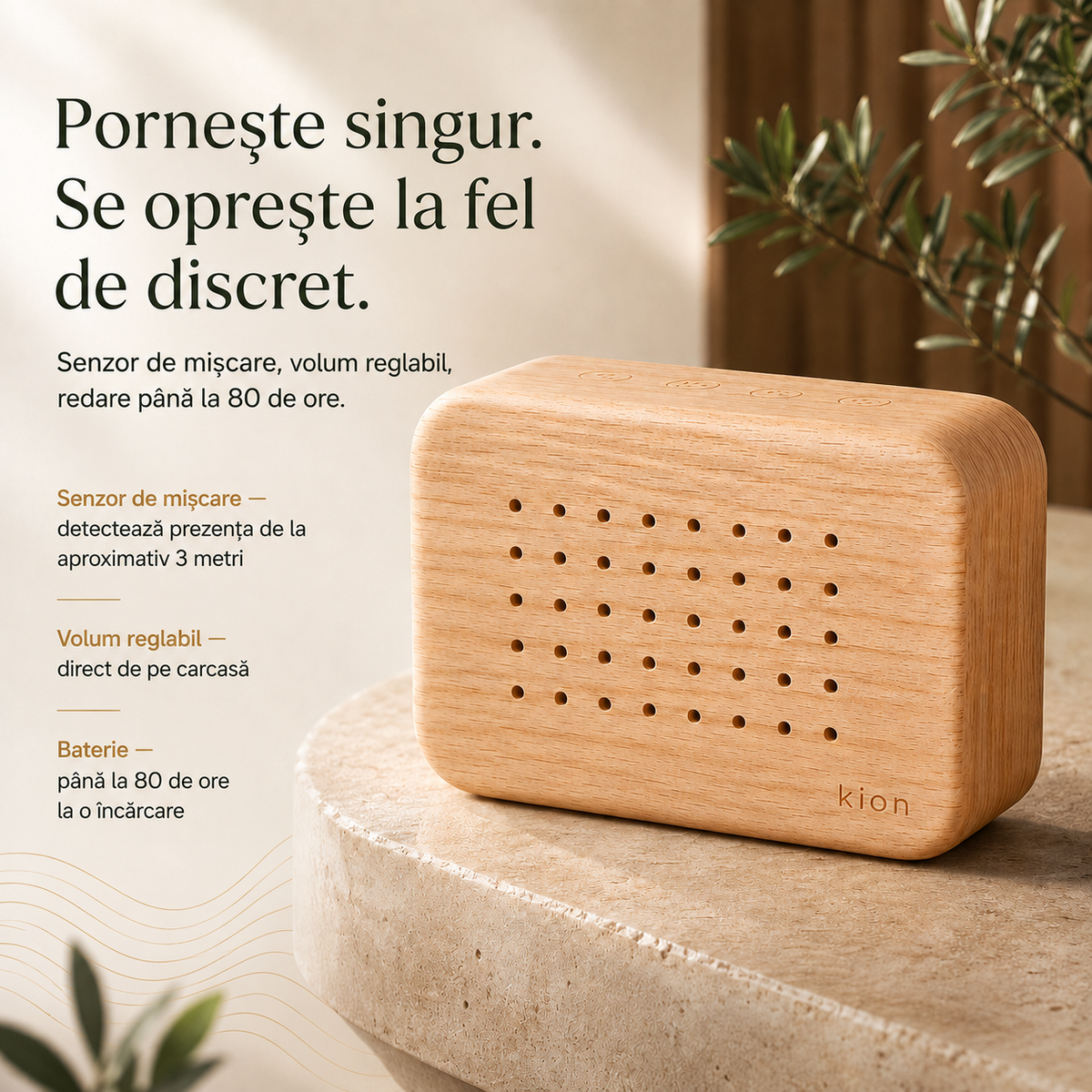 Kion Sound Box cu funcțiile sale: senzor de mișcare, volum reglabil și baterie până la 80 de ore